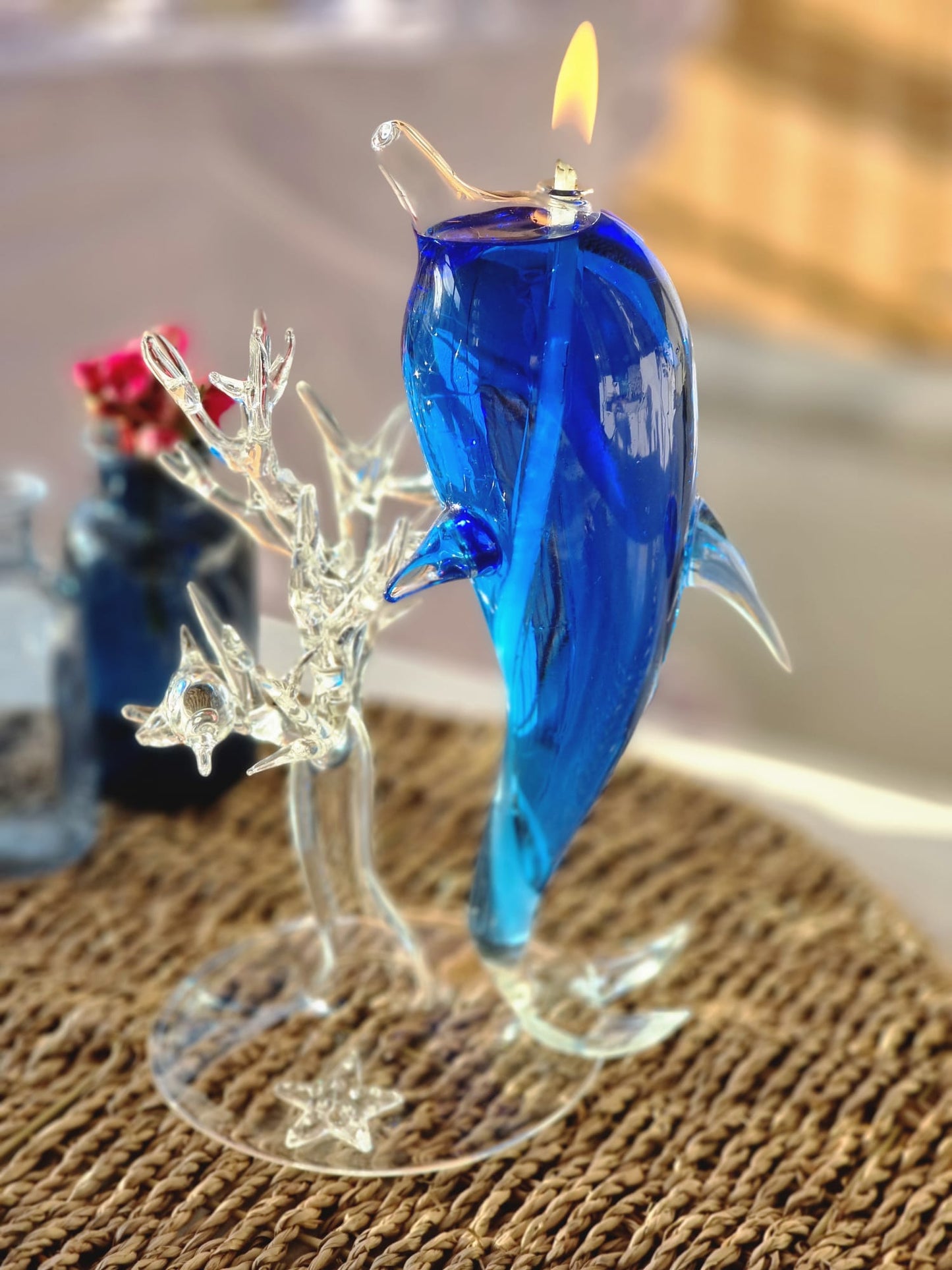 Quem Handmade Coral Dolphin Glass Oil Candle with Glass Wick. Modern Home Decor.